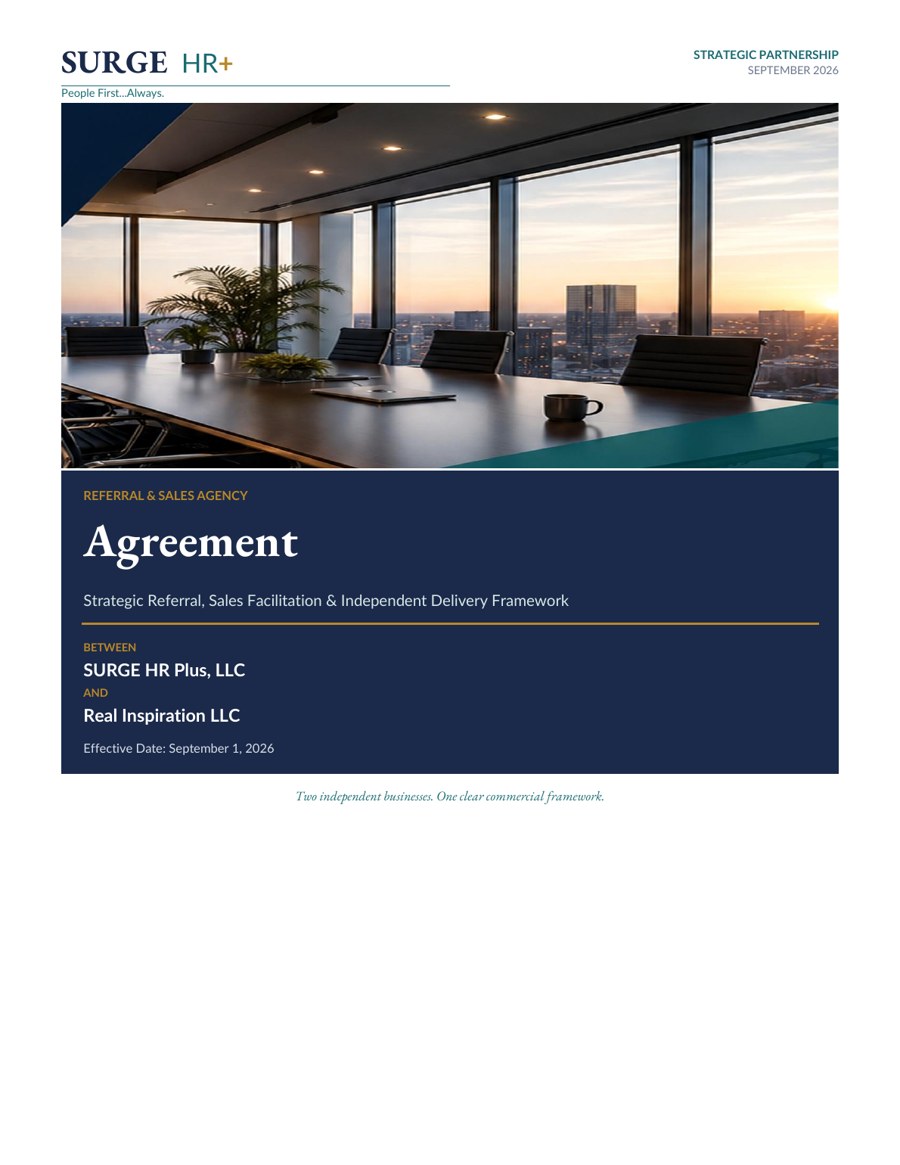 Cover preview of the SURGE HR+ and Real Inspiration referral and sales agency agreement